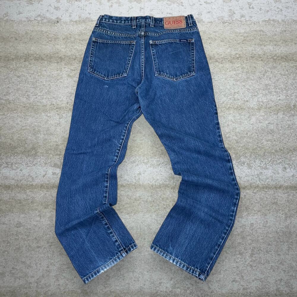 Vintage 90s Guess Jeans 30x30 Straight Fit  Dark Wash Tan Tab Made in USA Denim